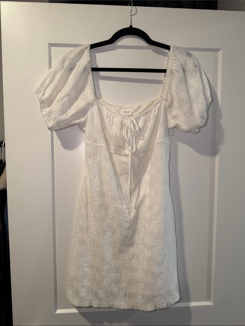 Le Lis White Puff-Sleeve Short Sleeve Eyelet Mini Dress